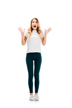 full length view of scared young woman with open moth looking at camera isolated on white clipart