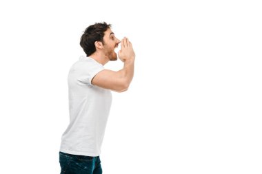 side view of man in white t-shirt screaming and looking away isolated on white clipart