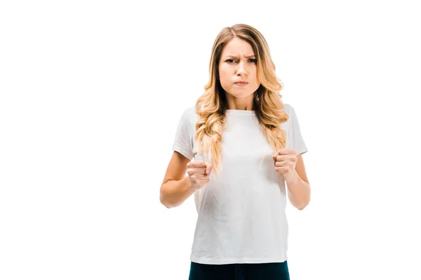 Ragazza Arrabbiata Con Pugni Serrati Guardando Fotocamera Isolata Bianco — Foto Stock