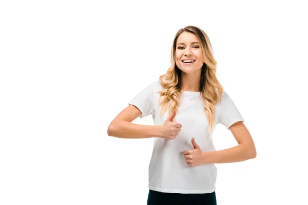 Happy Blonde Girls Showing Thumbs Smiling Camera Isolated White — Stock Photo, Image