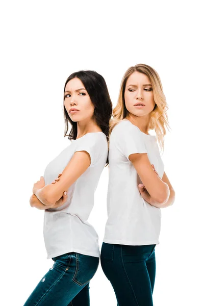 Side View Upset Young Women Standing Back Back Crossed Arms — Stock Photo, Image