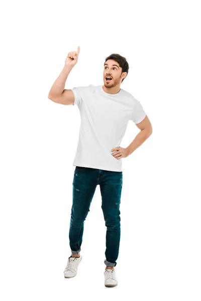 Full Length View Young Man Standing Hand Waist Pointing Finger — Stock Photo, Image