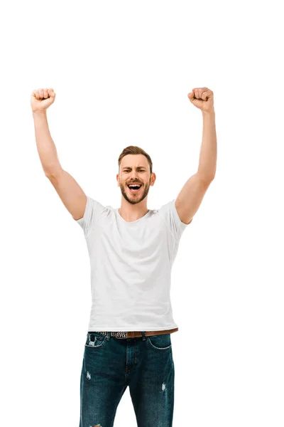 Bonito Feliz Homem Levantando Mãos Agitando Punhos Isolado Branco — Fotografia de Stock