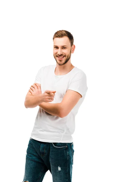 Bonito Homem Feliz Apontando Com Dedo Sorrindo Para Câmera Isolado — Fotografia de Stock