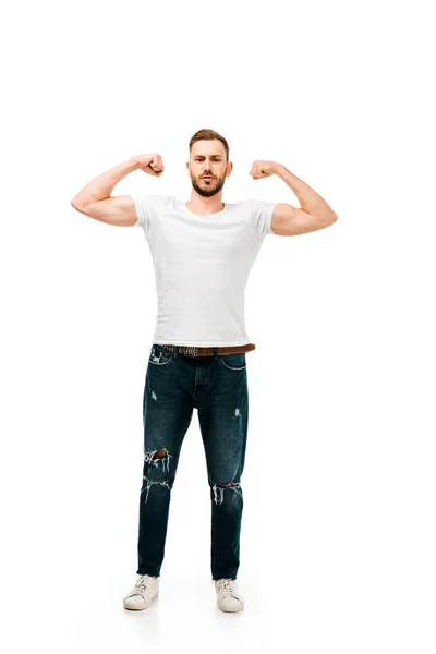 Full Length View Handsome Bearded Young Man Showing Biceps Looking — Stock Photo, Image