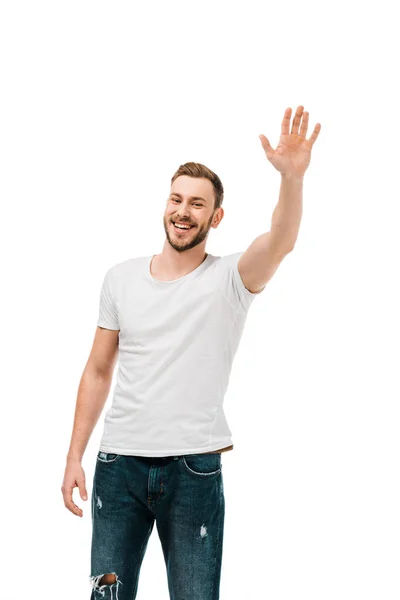 Bonito Feliz Jovem Acenando Mão Sorrindo Para Câmera Isolado Branco — Fotografia de Stock