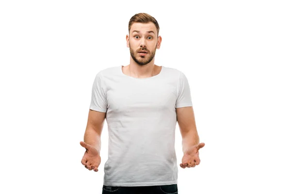 Confused Young Man Gesturing Hands Looking Camera Isolated White — Stock Photo, Image
