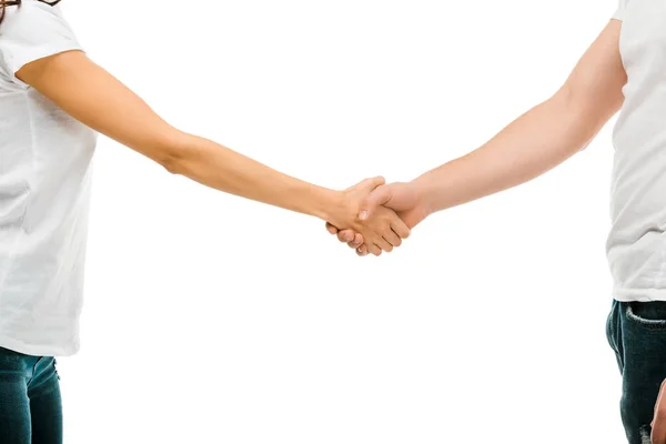 若い男性と女性が握手を白で隔離のクロップ撮影 — ストック写真