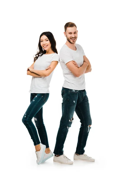 Feliz Jovem Casal Junto Com Braços Cruzados Sorrindo Para Câmera — Fotografia de Stock