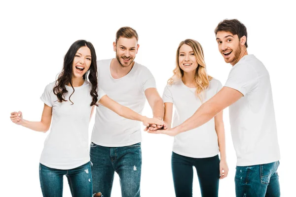 Happy Young Friends Stacking Hands Smiling Camera Isolated White — Stock Photo, Image