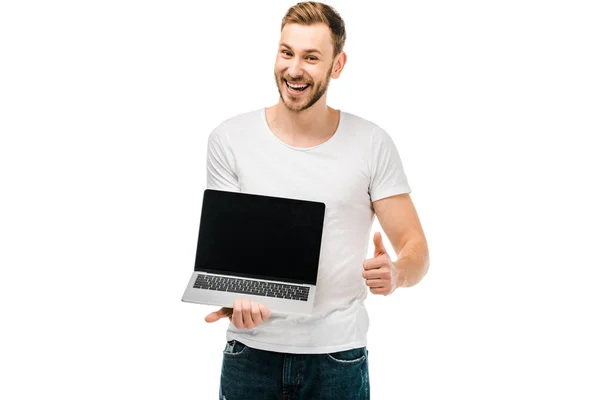 Happy Young Man Holding Laptop Blank Screen Showing Thumb Isolated — Stock Photo, Image