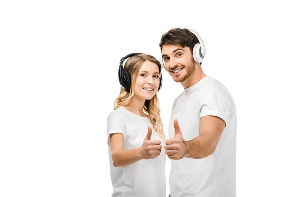 Happy Young Couple Headphones Showing Thumbs Smiling Camera Isolated White — Stock Photo, Image