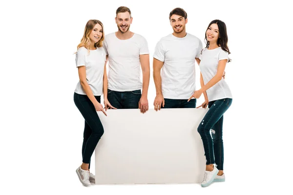 Cheerful Young Friends Holding Blank Placard Smiling Camera Isolated White — Stock Photo, Image