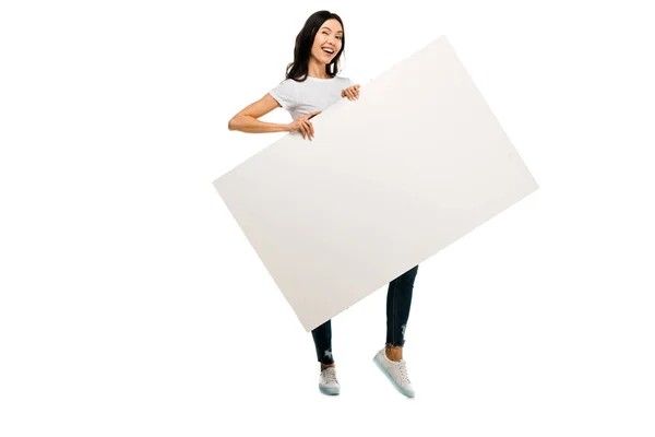 Happy Young Woman Holding Blank Placard Smiling Camera Isolated White — Stock Photo, Image