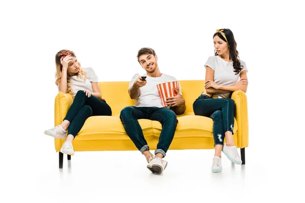 Smiling Young Man Popcorn Box Remote Controller Watching While Bored — Stock Photo, Image