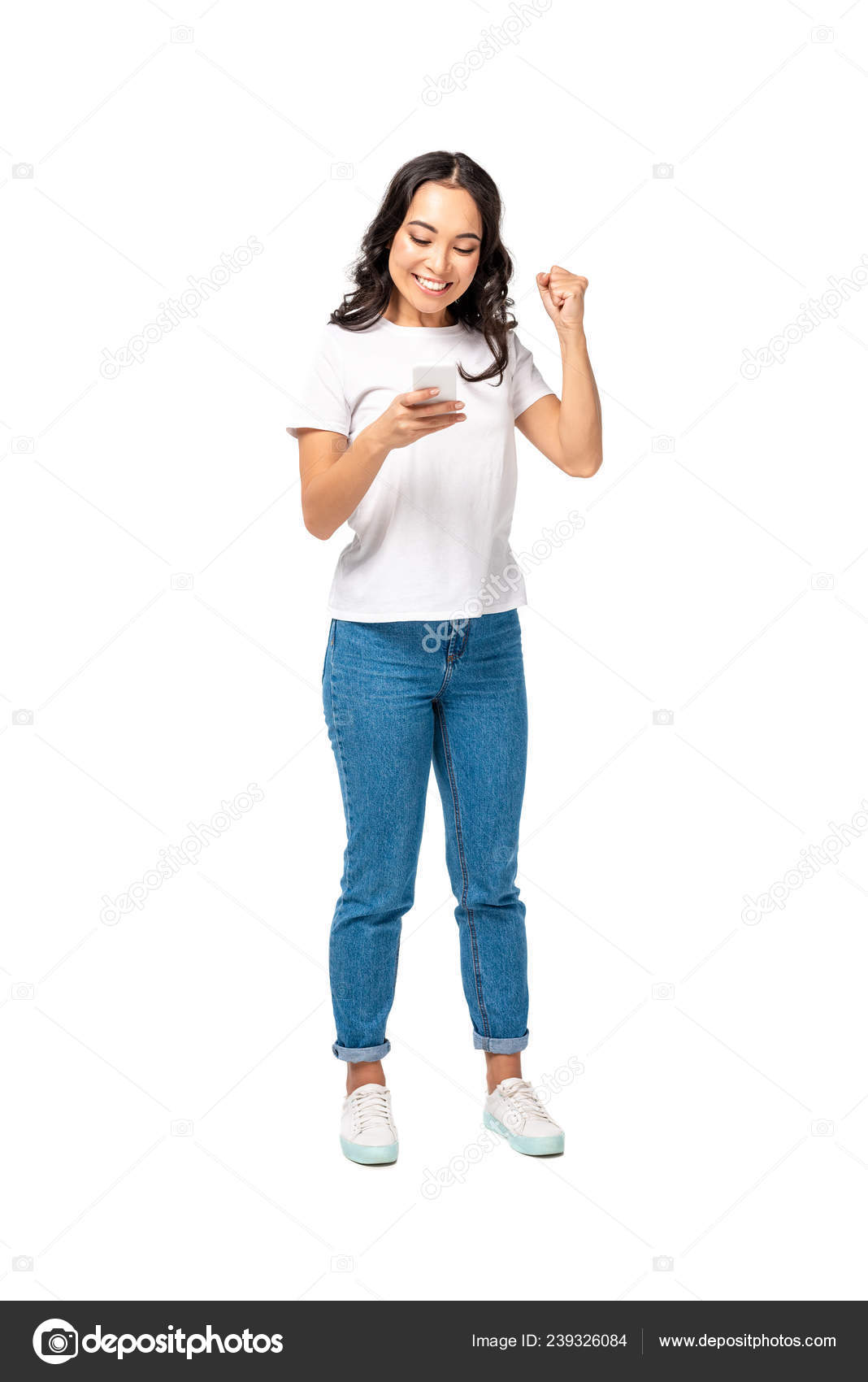 Smiling Happy Asian Girl White Shirt Blue Jeans Using Smartphone Stock Photo By C Haydmitriy Smiling Happy Asian Girl White Shirt Blue Jeans Using Smartphone Stock Photo By C Haydmitriy