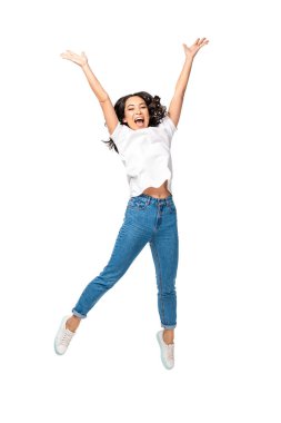 Happy young asian woman jumping up with raised hands isolated on white clipart