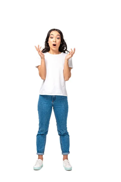 Shocked Asian Woman White Shirt Blue Jeans Standing Raised Hands — Stock Photo, Image