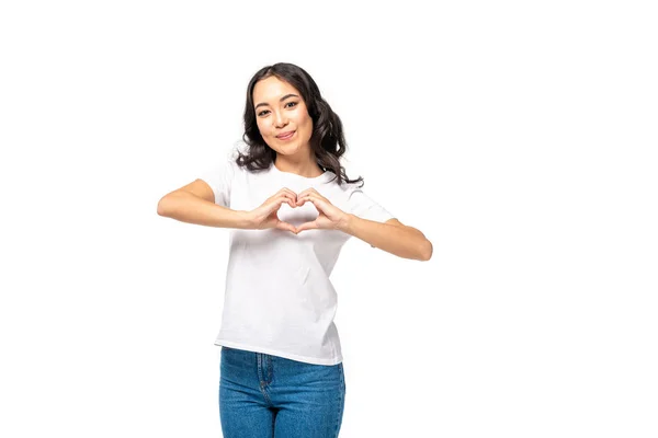 Uśmiechający Się Ładny Asian Kobieta Pokazuje Znak Rąk Białym Tle — Zdjęcie stockowe