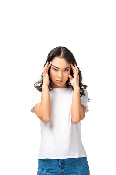 Asiatisk Kvinna Med Huvudvärk Att Röra Huvudet Isolerad Vit — Stockfoto