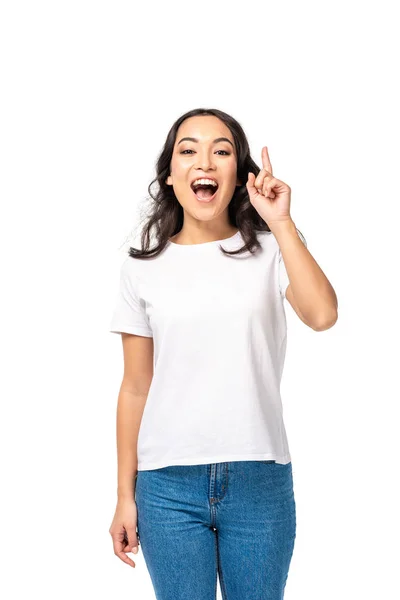 Podekscytowany Asian Kobieta Pokazuje Gest Pomysł Białym Tle — Zdjęcie stockowe