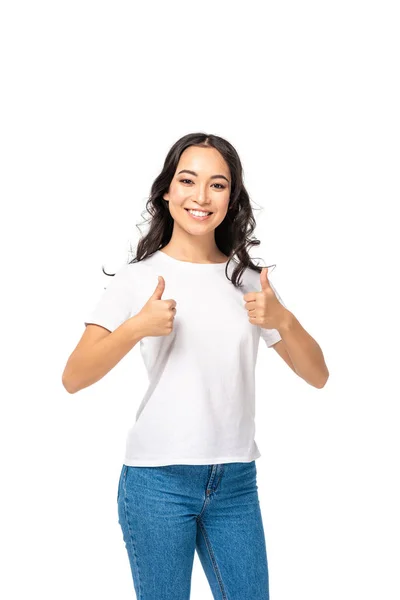 微笑的年轻亚洲女人显示竖起大拇指孤立在白色 — 图库照片