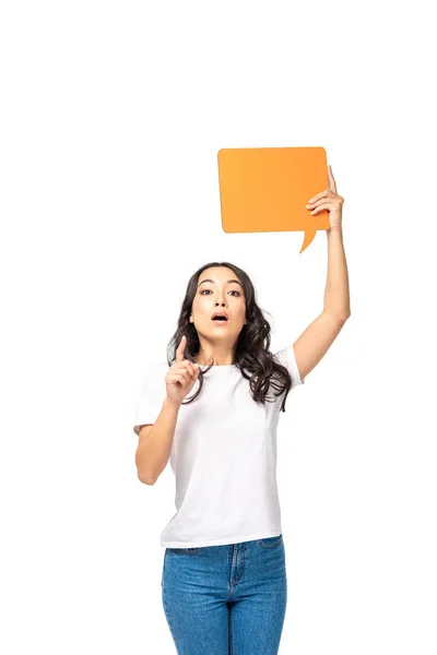 Surprised Asian Woman Holding Speech Bubble Showing Idea Sign Isolated — Stock Photo, Image