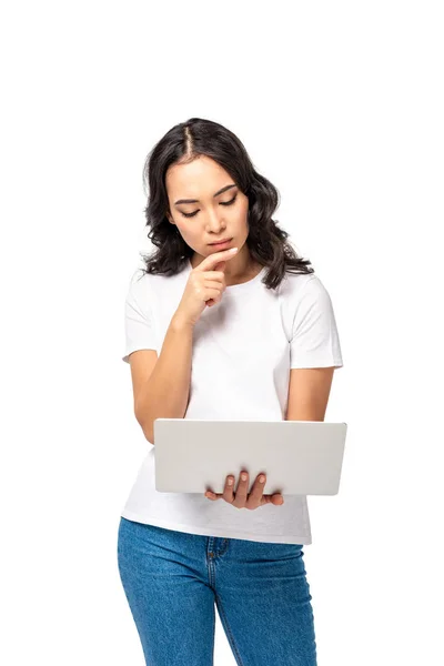 Thoughtful Young Asian Woman Using Laptop Touching Chin Finger Isolated — Stock Photo, Image