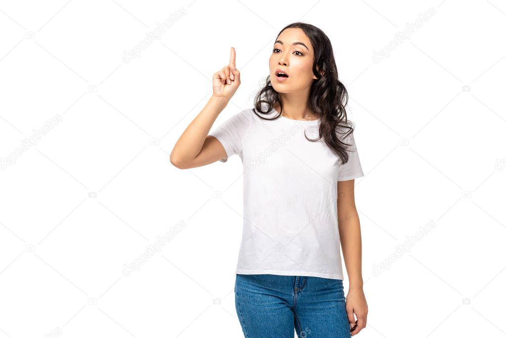 Surprised asian woman showing idea sign isolated on white