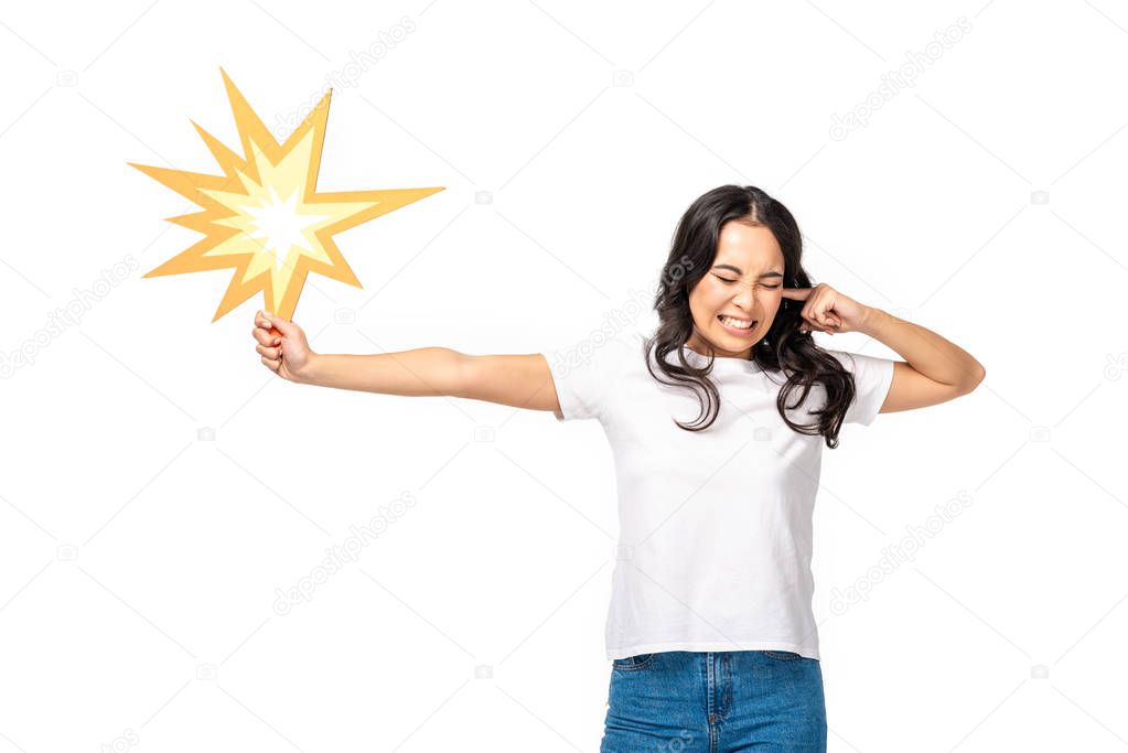 Scared asian woman with closed eyes holding bang sign and closing ear isolated on white