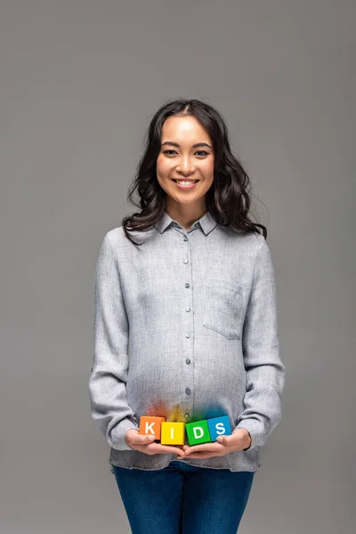 Smiling Pregnant Young Asian Woman Holding Alphabet Cubes Word Kids — Stock Photo, Image