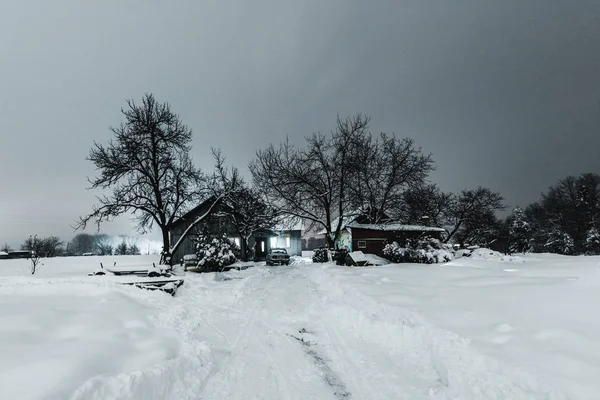 Trähus Karpaterna Vinter Natten — Stockfoto