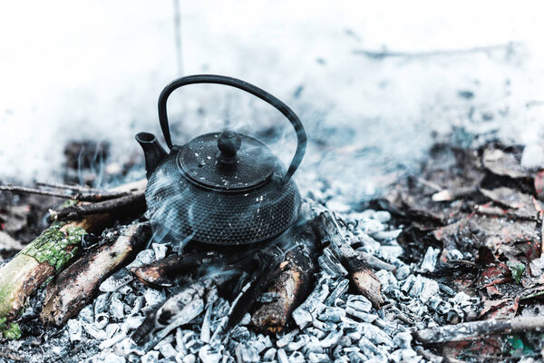 boiling kettle with steam on firewood and ash in winter forest