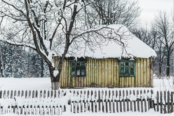 Altes Verwittertes Holzhaus Mit Zaun Zwischen Bäumen Winter — Stockfoto