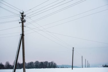 alandaki karla kaplı teller ile elektrik direkleri