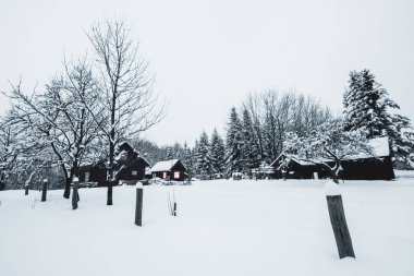 Karpatlar kazanmak karlı köyde yaşlı ahşap evler