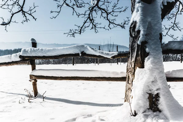 Valla Madera Cubierta Nieve Carámbanos Las Montañas Los Cárpatos —  Fotos de Stock