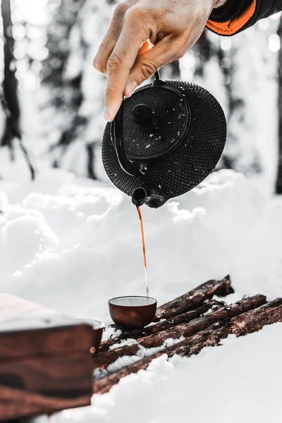 Partial View Male Traveler Pouring Tea Kettle Cup Winter Forest — Stock Photo, Image