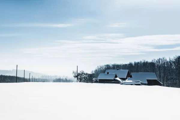 Village in carpathians covered in snow near winter forest — Stock Image Village Carpathians Covered Snow Winter Forest Royalty Free Stock Images
