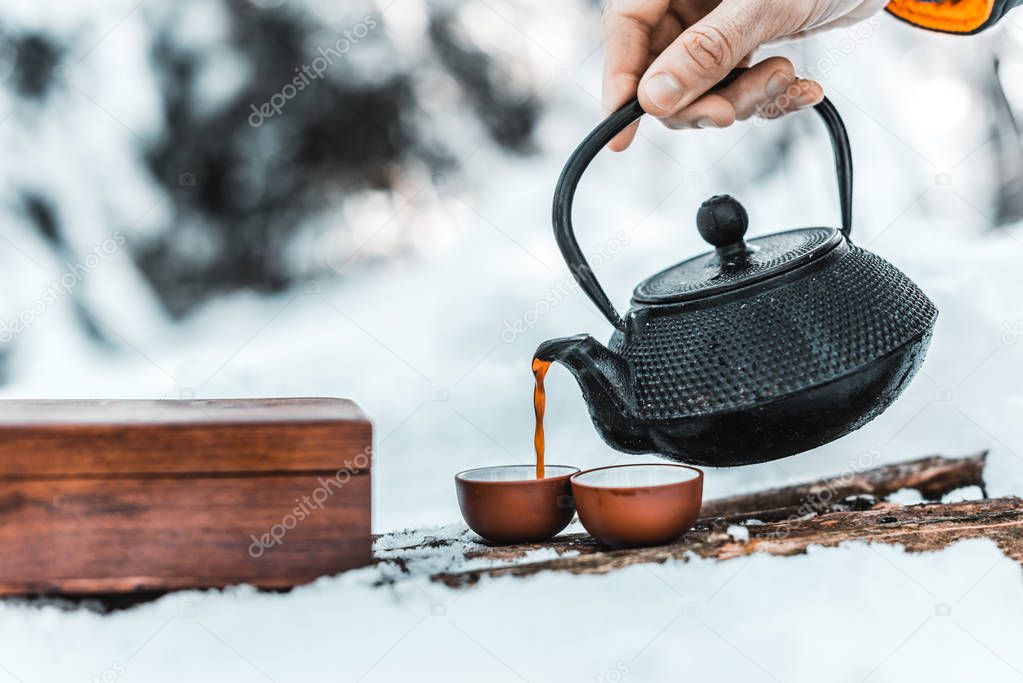cropped view of male traveler pouring tea from kettle in cups in winter forest