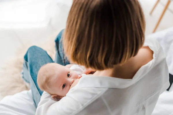 High Angle View Mother Breastfeeding Baby Home — Stock Photo, Image