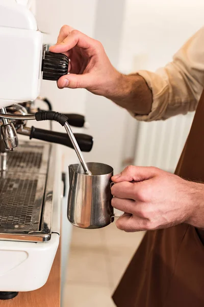 Cropped View Barista Filling Steel Milk Jug — Stock Photo, Image