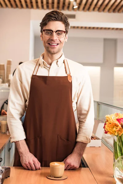 Laughing Barista Glasses Brown Apron Cup Coffee — Stock Photo, Image