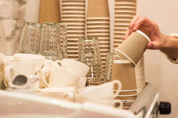 Cropped View Barista Holding Brown Disposable Cup — Stock Photo, Image