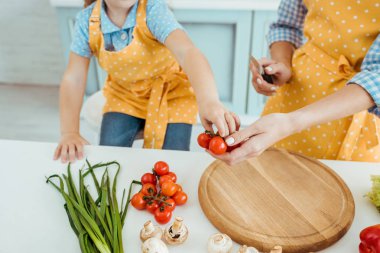 anneye kiraz domates veren polka nokta sarı önlük kızının kırpılmış görünümü