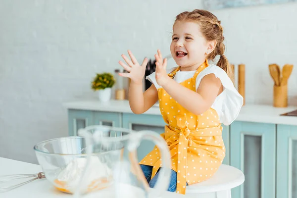 Emotional Kid Yellow Polka Dot Apron Gesturing Kitchen — Stock Photo, Image