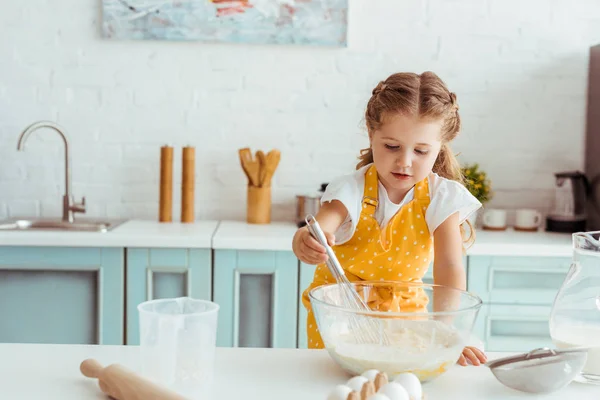 Concentrated Kid Yellow Polka Dot Apron Cooking Dough Kitchen — Stock Photo, Image