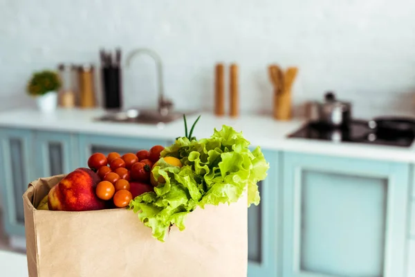 Fresh Whole Ripe Fruits Vegetables Paper Bag Kitchen — Stock Photo, Image
