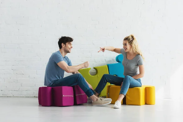 Cheerful Blonde Girl Handsome Man Playing Rock Paper Scissors Game — Stock Photo, Image