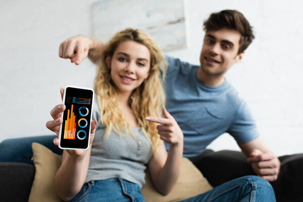 selective focus of cheerful man and blonde woman pointing with fingers at smartphone with charts and graphs on screen